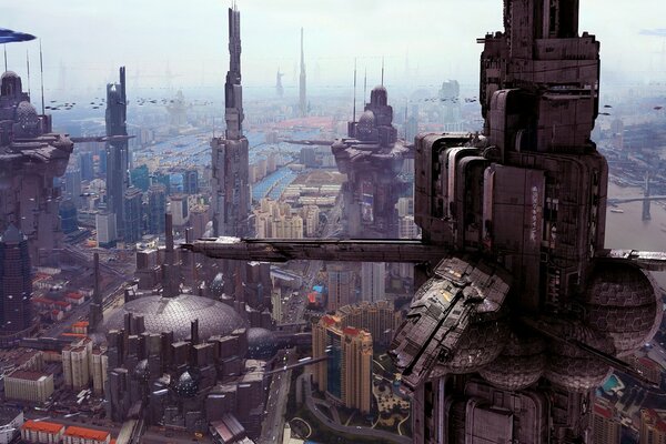 Sci-fi metropolis with skyscrapers