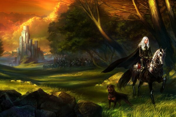 The horsewoman and her dog are on their way from the castle to hunt