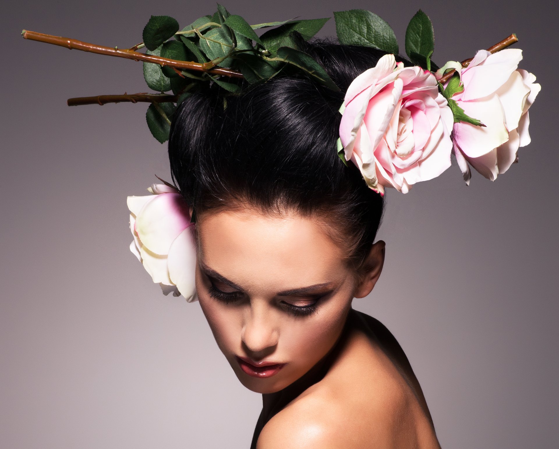 girl hair style roses petals leaves background