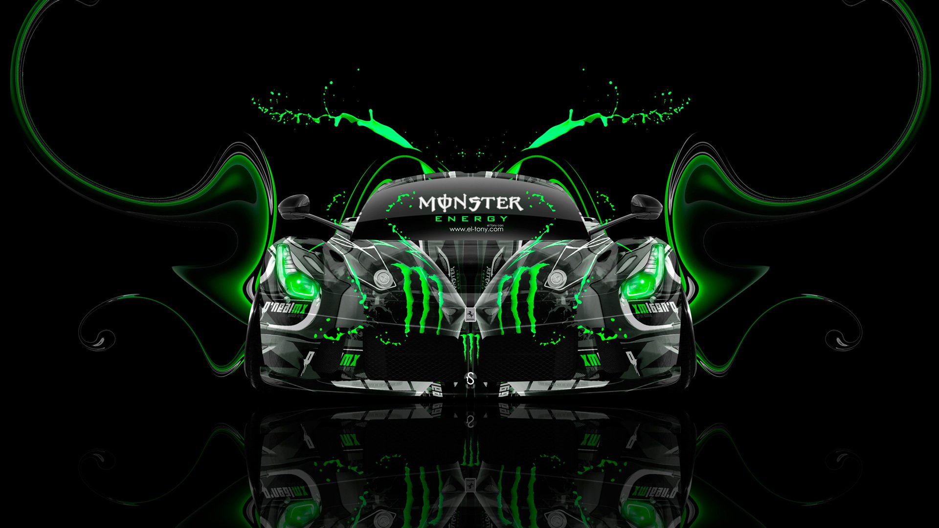 tony cohan ferrari laferrari monster energy przód super plastik kwas napój samochód airbrush zielony neon efekty hybryda el tony cars photoshop tapeta design sztuka styl monster energy ferrari laferrari ferrari laferrari lafe