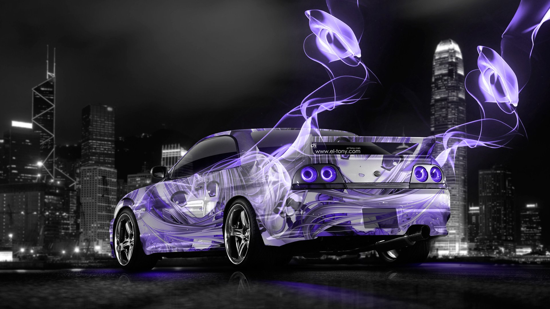 tony kohan nissan horizon gtr r33 jdm anime dziewczyna airbrush miasto fioletowy neon kolory energia el tony cars photoshop design tapeta nissan skyline gtr p33 fioletowy anime noc jadeem art