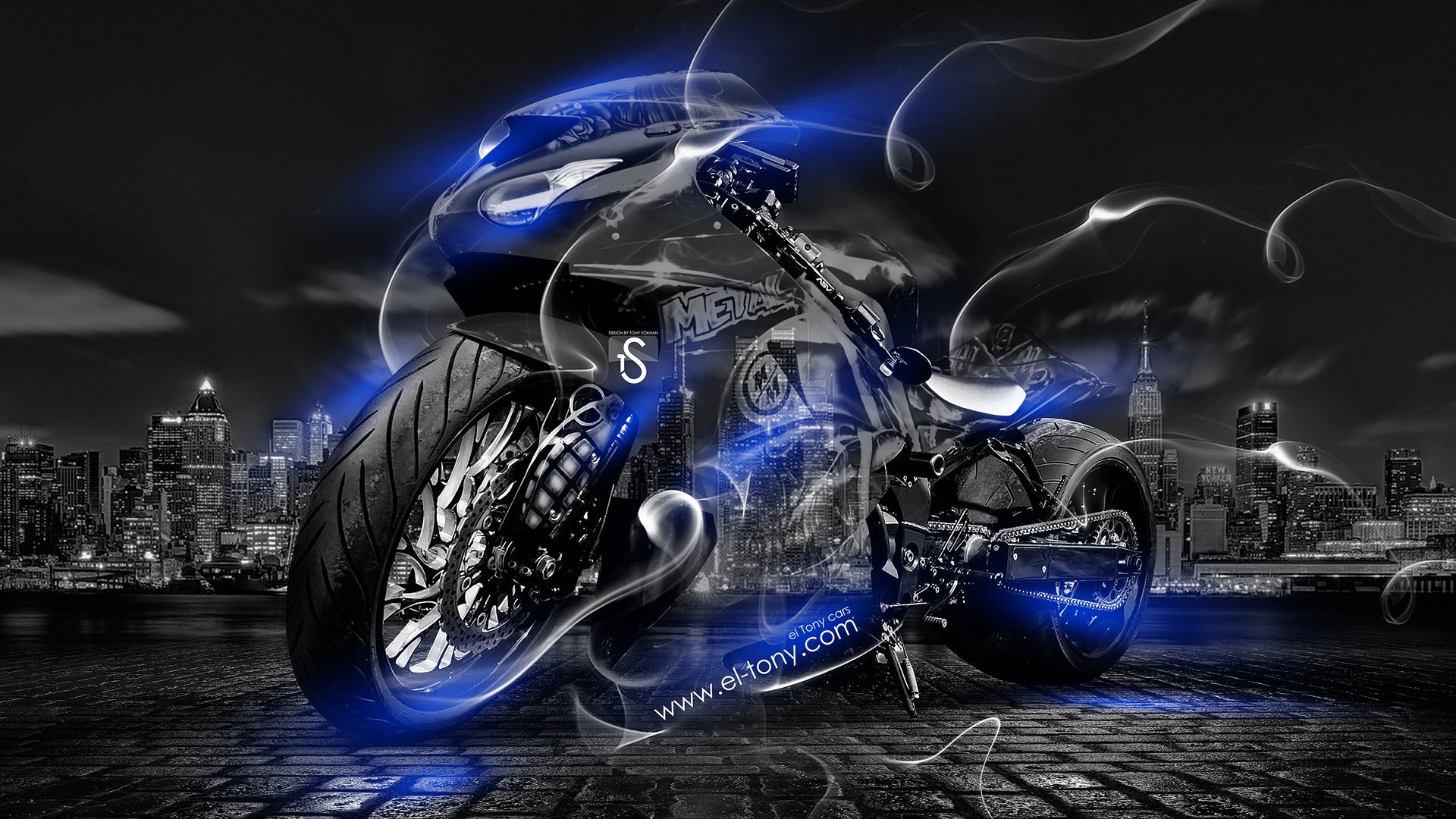 tony kohan moto fumée cristal ville vélo bleu néon el tony voitures papier peint photoshop style moto vélo smok transparent nuit bleu art 2014