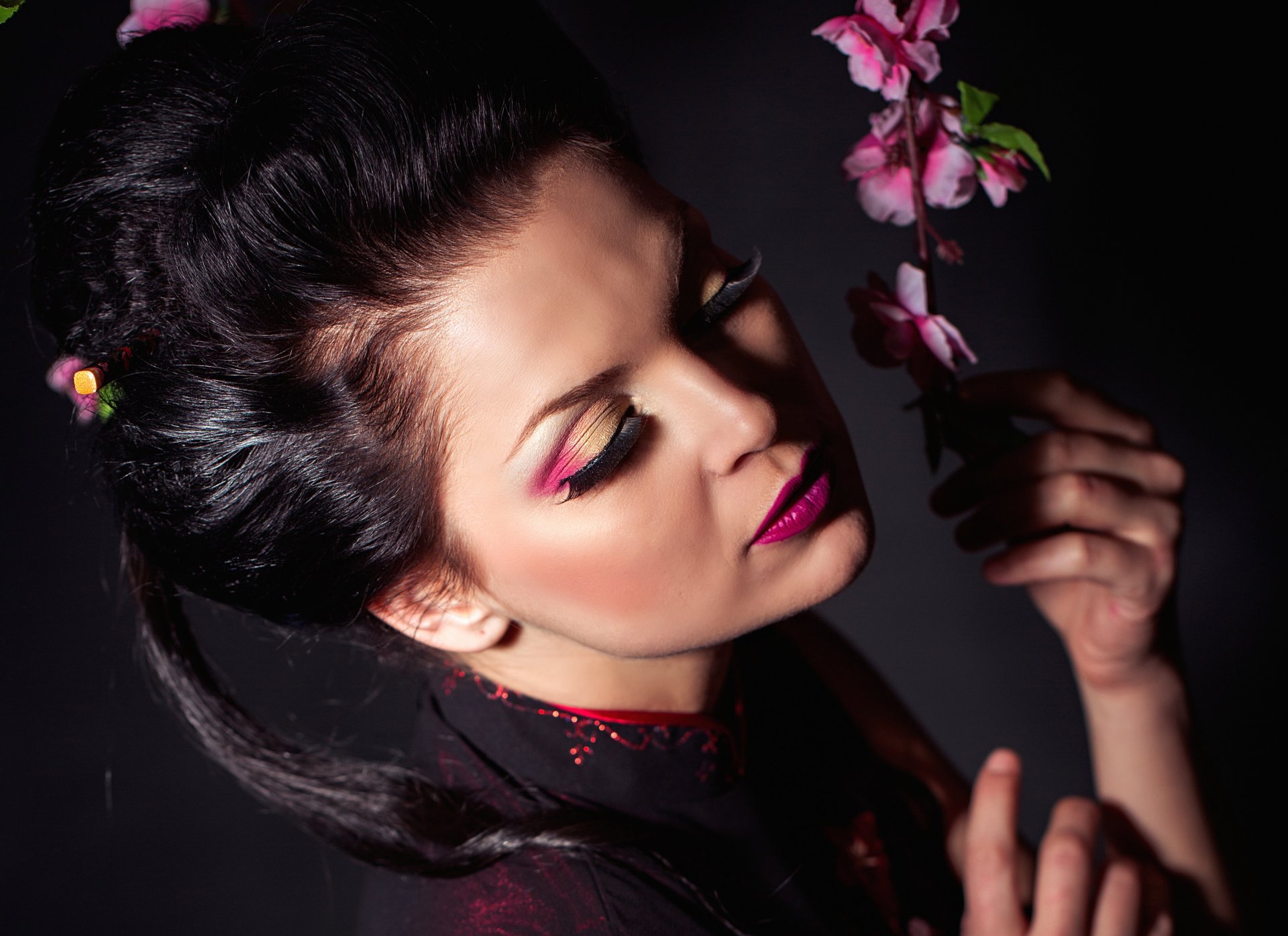 girl make-up make up view hair style hands sakura background