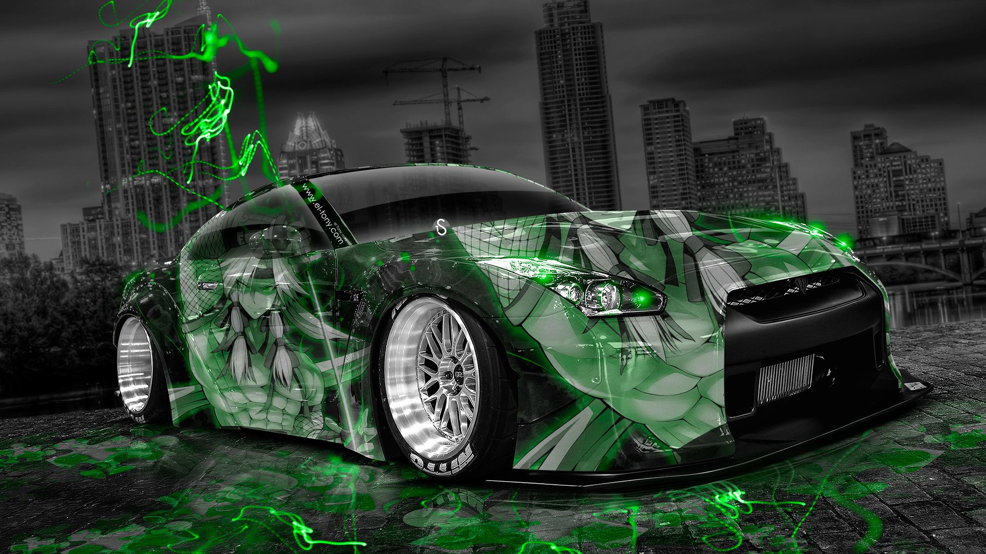 tony kohan nissan gtr r35 tuning anime airbrushing green neon effects style city night jdm el tony cars photoshop design nissan gtr er 35 green wallpaper 2014