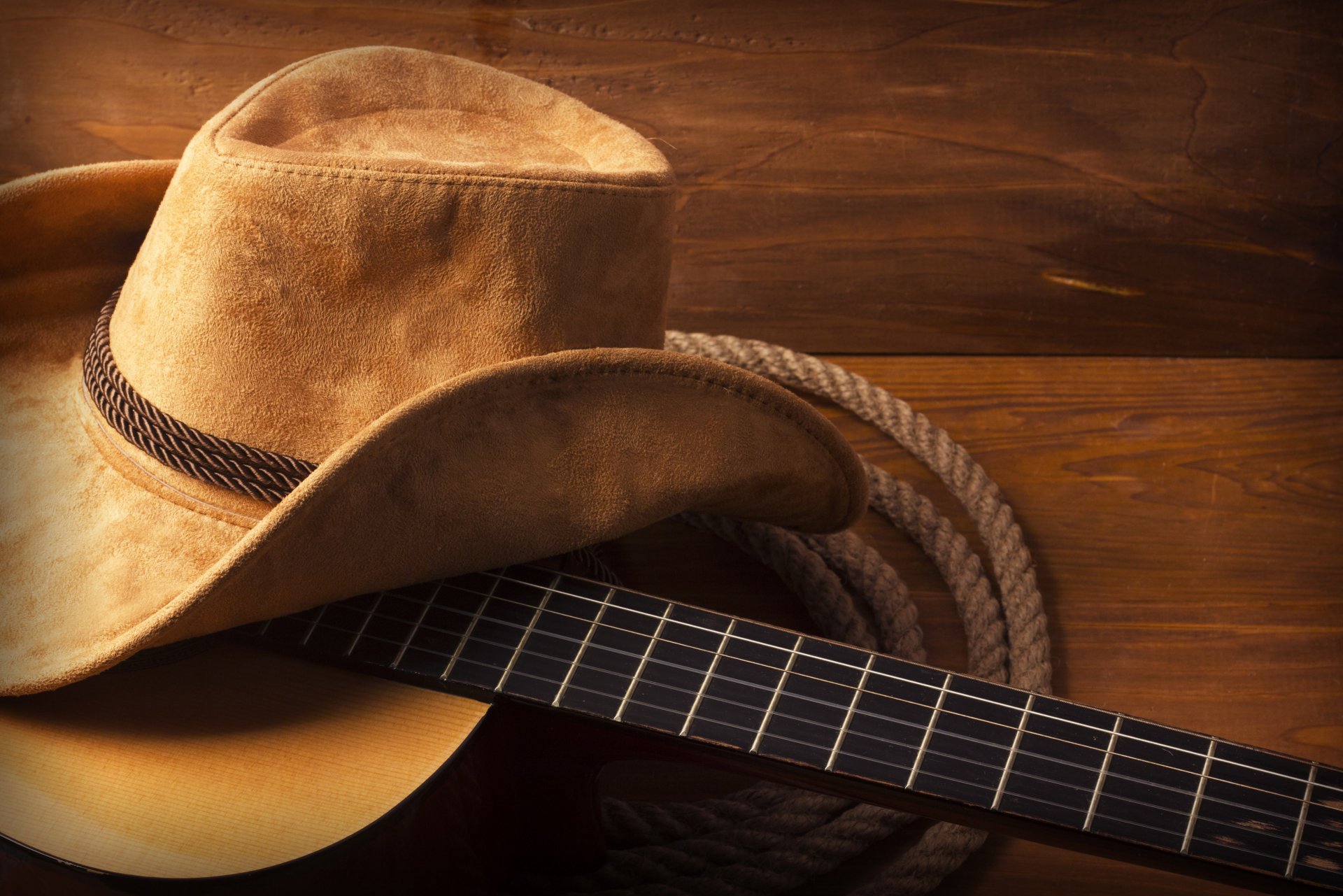 chapeau guitare bois corde cowboy