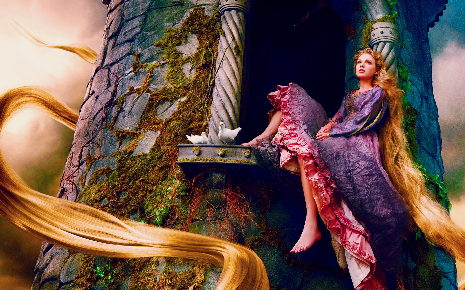 taylor swift singer sitting tower window moss blue long hair rapunzel