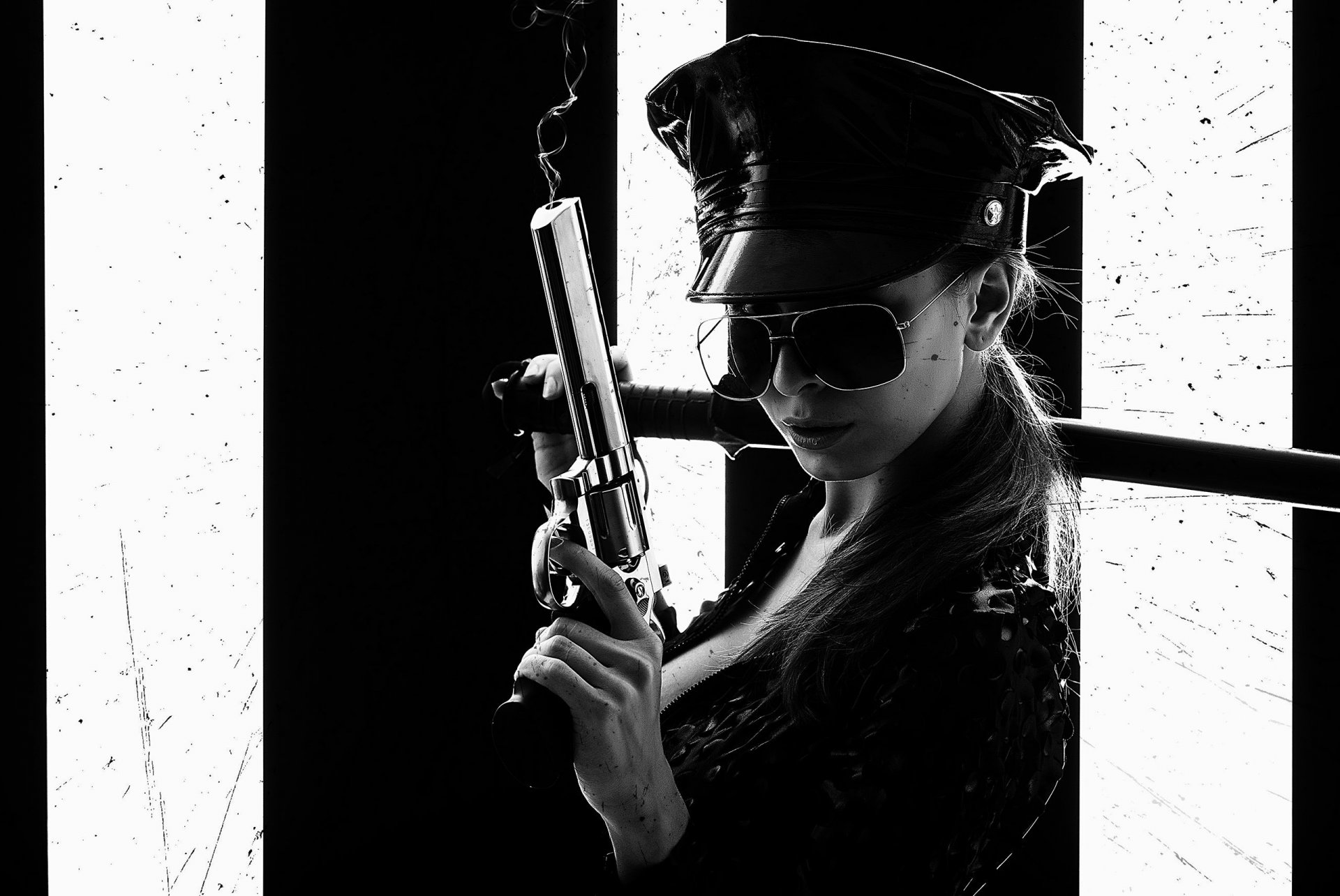 girl cop policeman revolver katana glasses black and white