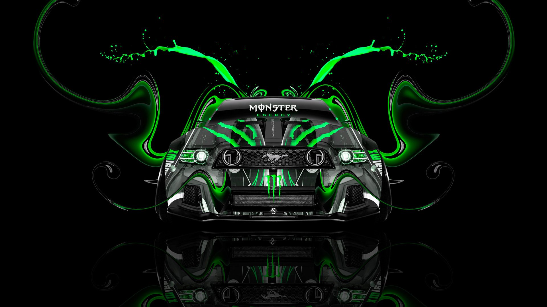 tony kohan monster energy logo ford mustang gt muscle voiture avant vert aérographe tuning acide boire noir el tony voitures photoshop conception art style papier peint gt monster energy vue de face huile muscle voiture