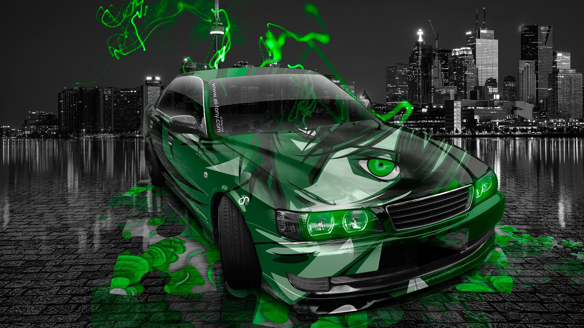 tony kohan toyota chaser jzx100 jdm anime aérographe voiture garçon vert néon effets nuit ville el tony voitures conception art style papier peint japon photoshop toyota chaser anime 100 carrosserie japonais japonais vert voiture ze