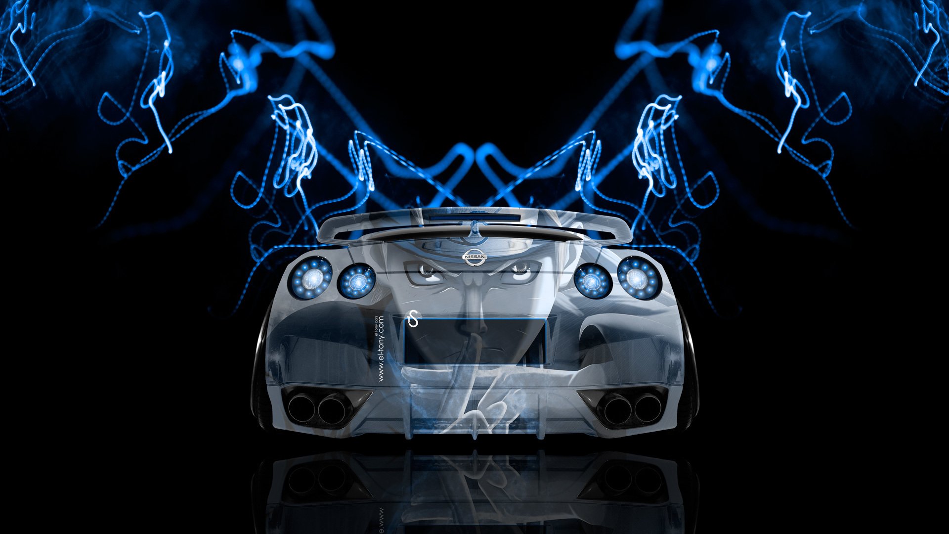 tony kohan nissan gtp r35 jdm zurück anime airbrush blau neon effekte el tony cars photoshop design style nissan gtp er 35 rückansicht blau blau anime tapete 2014