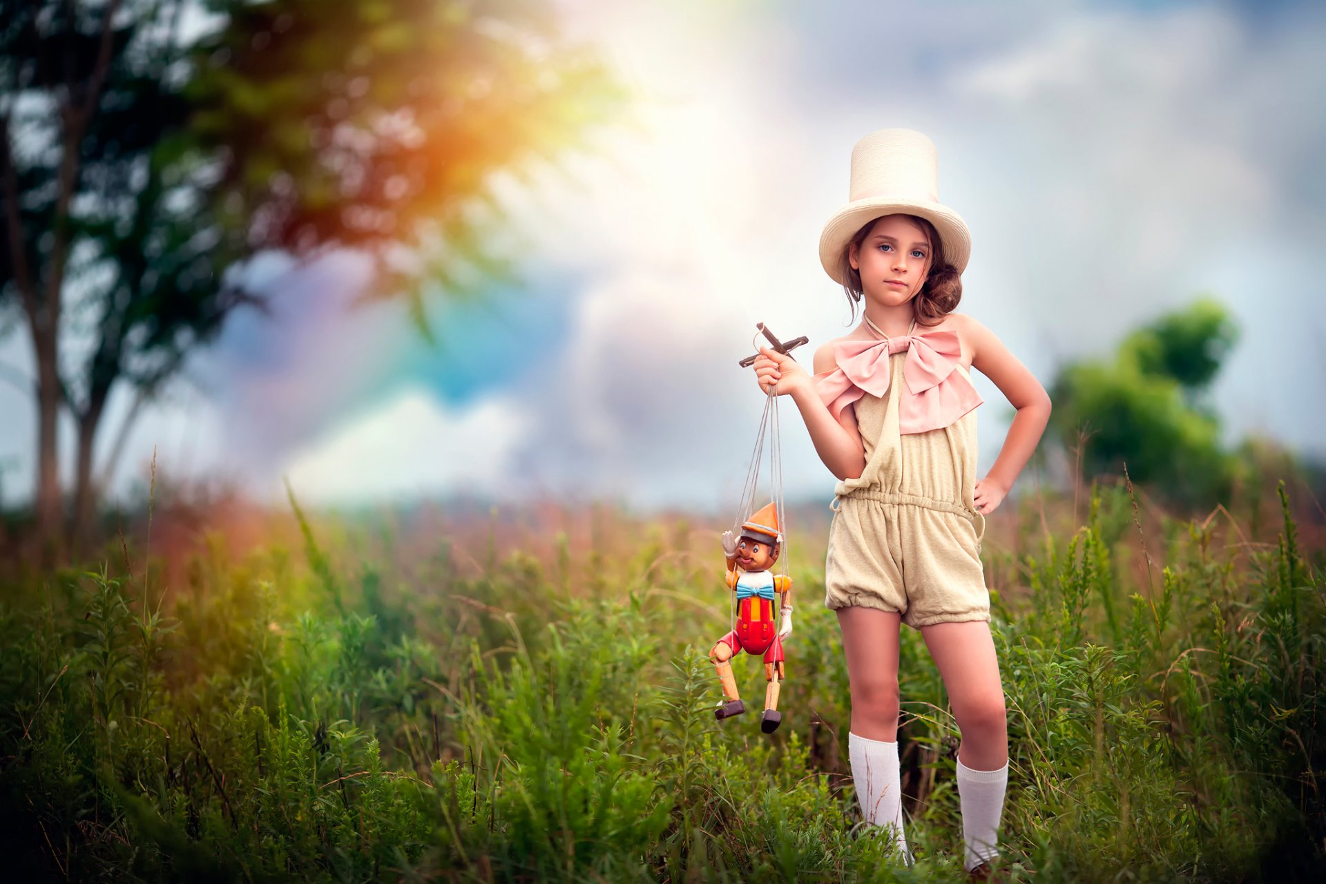 marionnette fille bébé photographie arc-en-superposition marionnette poupée chapeau genou chaussettes