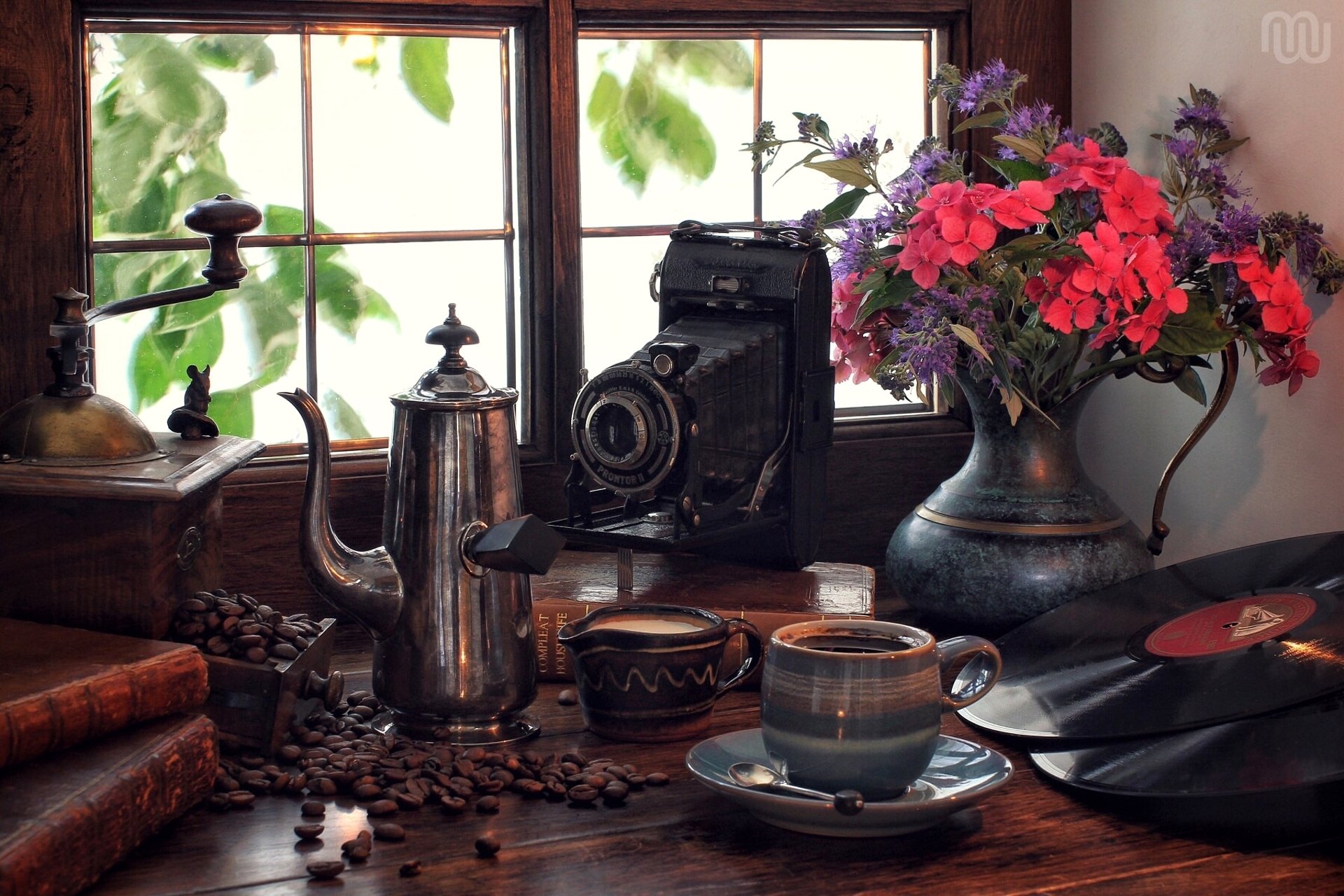 retro camera coffee coffee pot vinyl records bouquet flowers window still life books coffee grinder