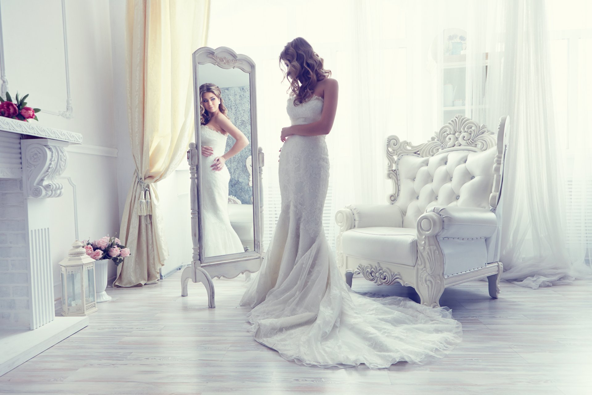 bride wedding dress dress mirror reflection chair style