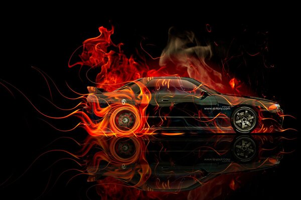 Fire car Nissan side view