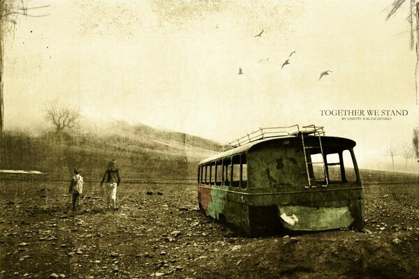 A boy and a girl near an old bus