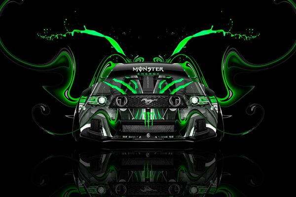 Ford Mustang en un dibujo verde abstracto