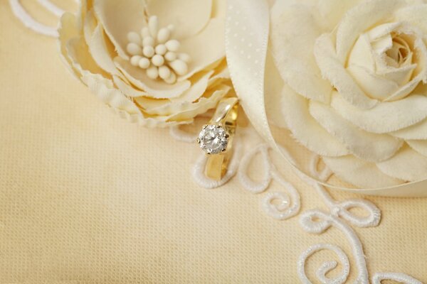 Anillo con guijarros sobre fondo de flores blancas