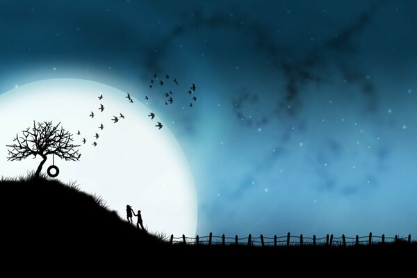 A couple in love rises to look at the night sky