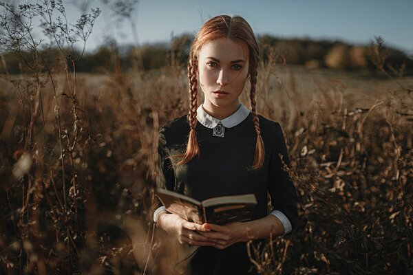 Desktop wallpaper girl with pigtails and a book