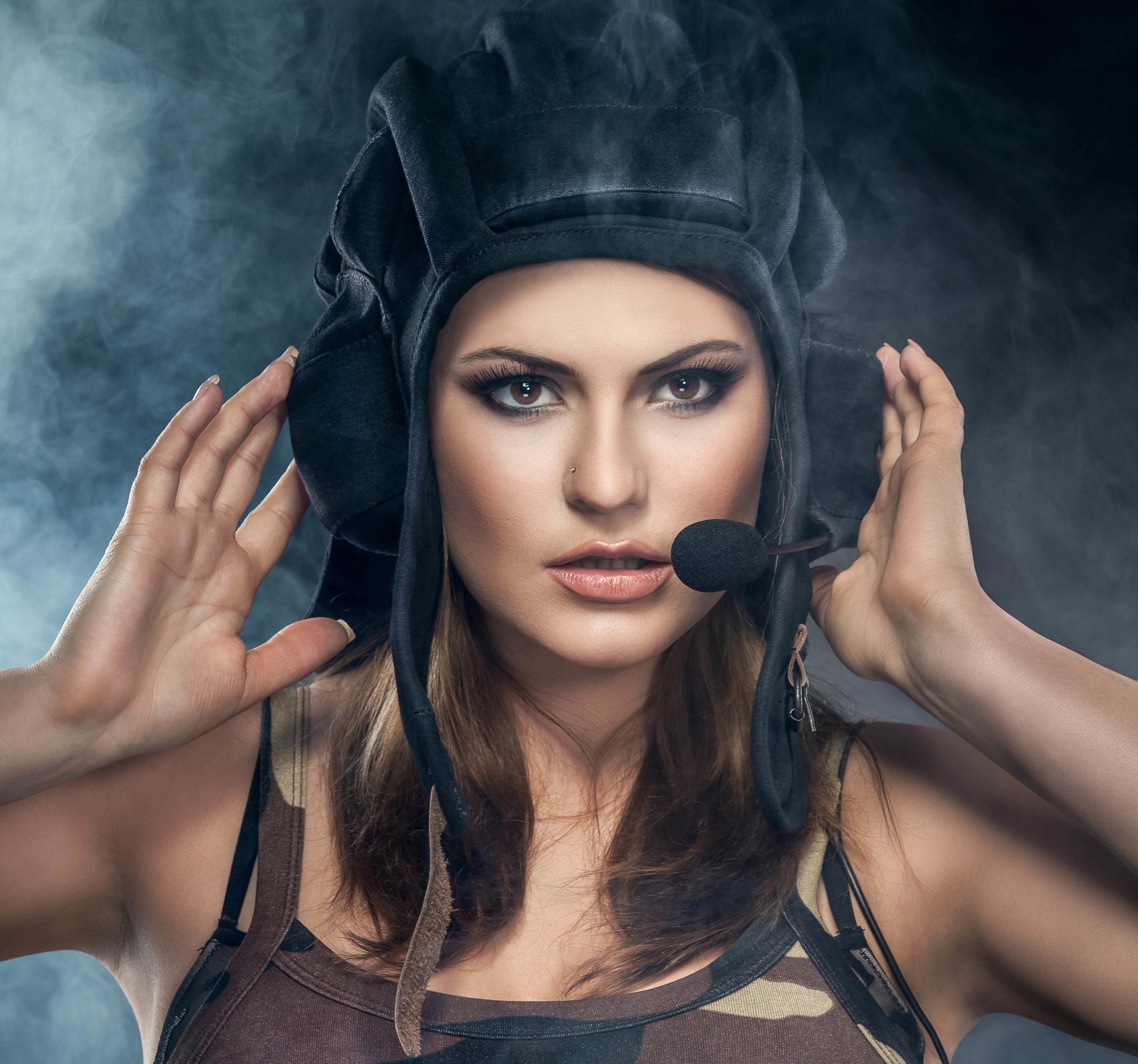 tyle military girl beautiful tanker tankoshlem headset intercom the device view target beautiful background smoke background wallpaper