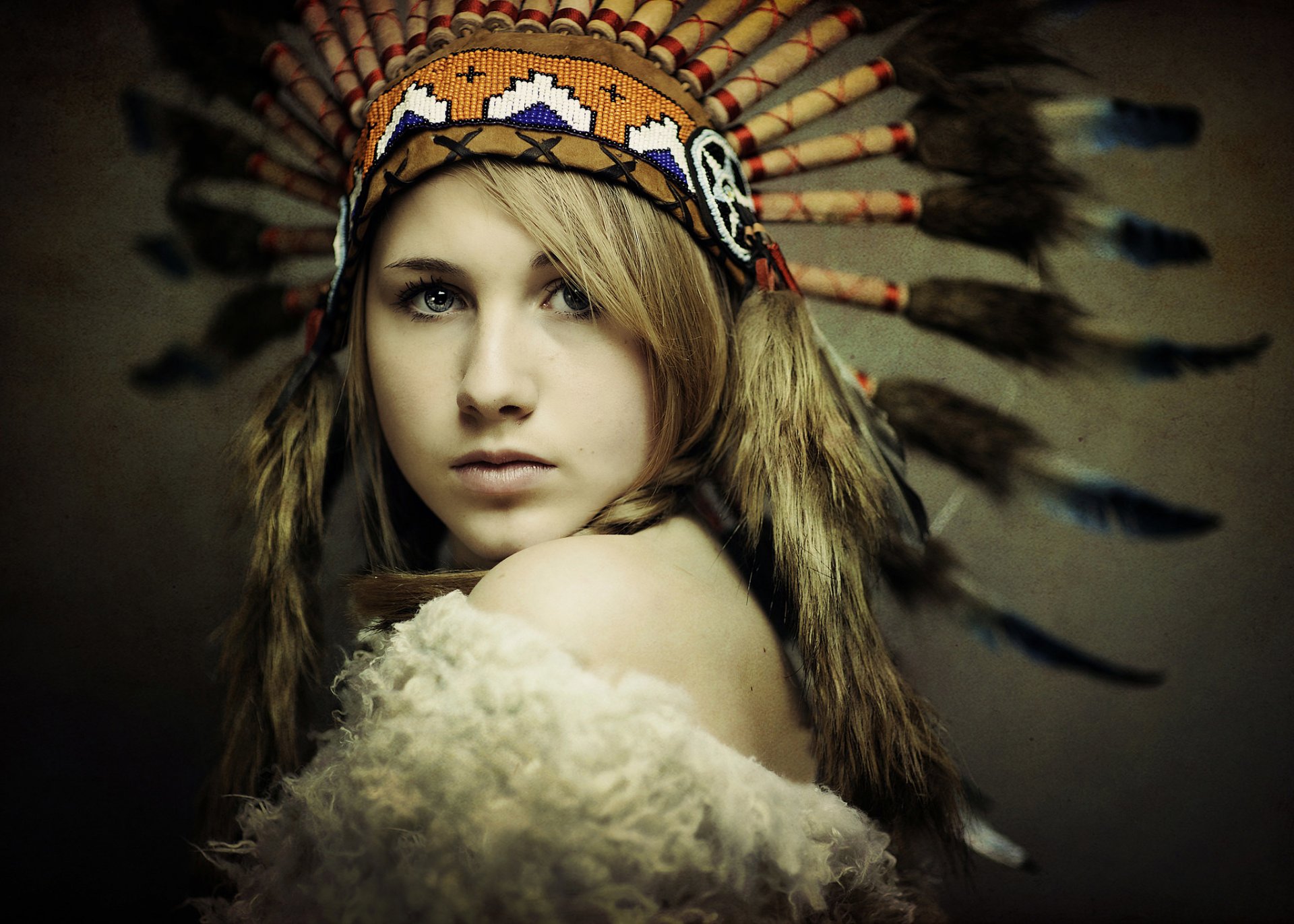 girl face view eyes headwear feathers background