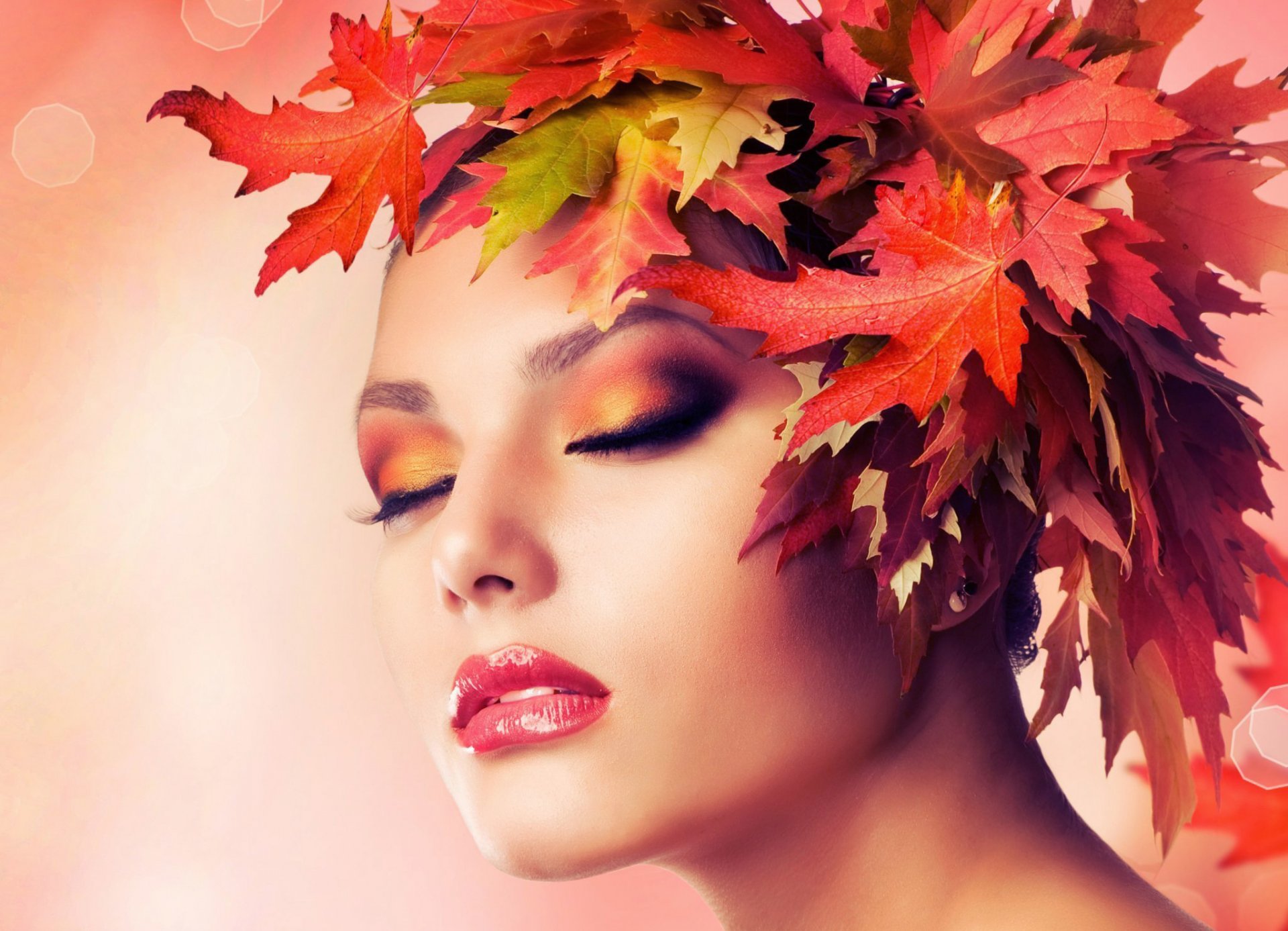 fille visage maquillage feuilles couronne automne