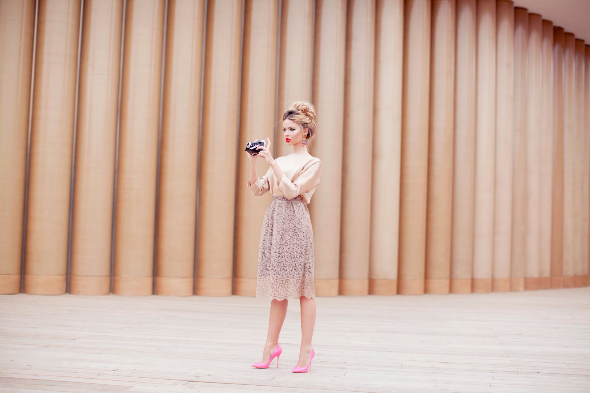 girl blonde skirt shoes pink the camera a camera removes photograph