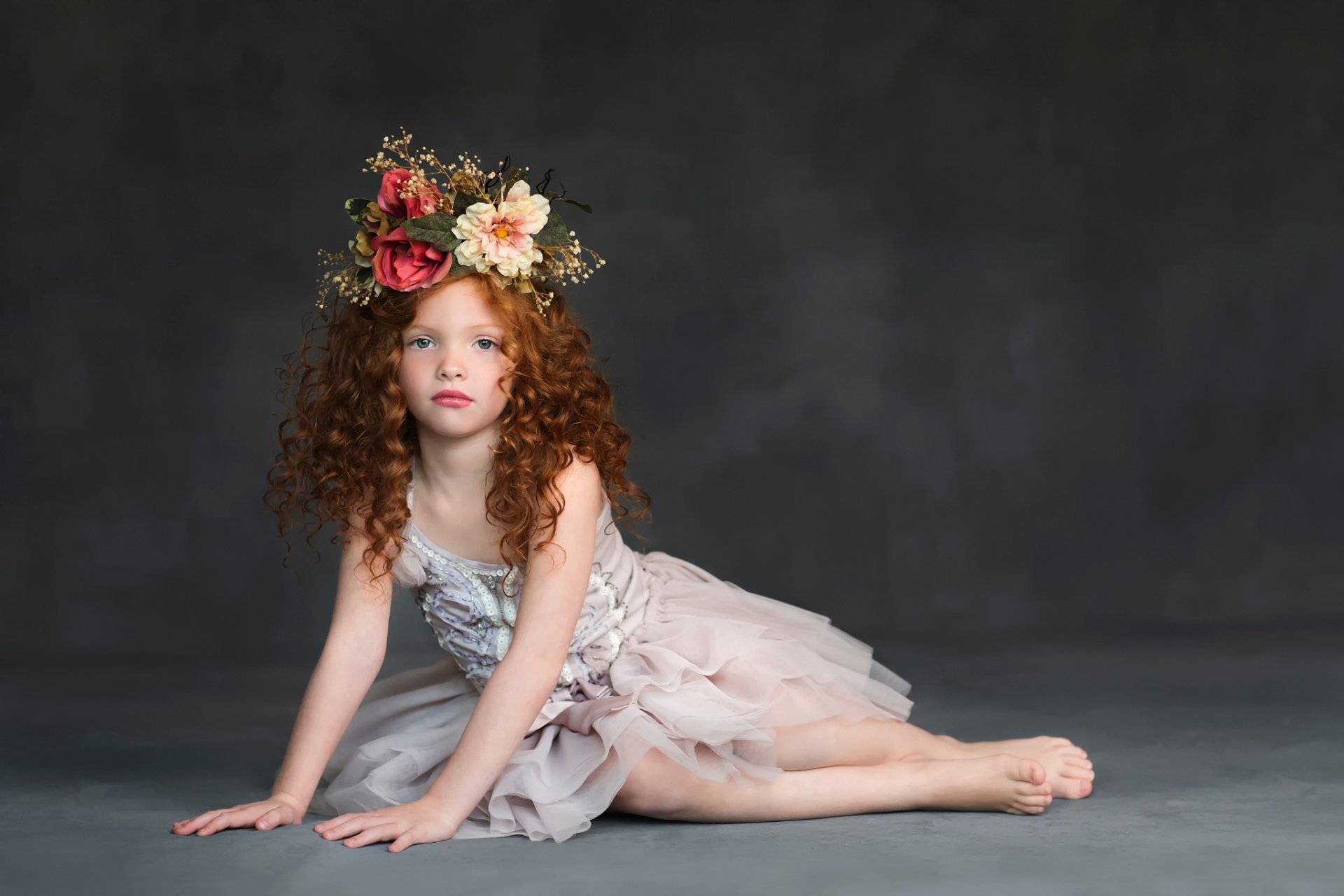 child models girl studio curls dress wreath