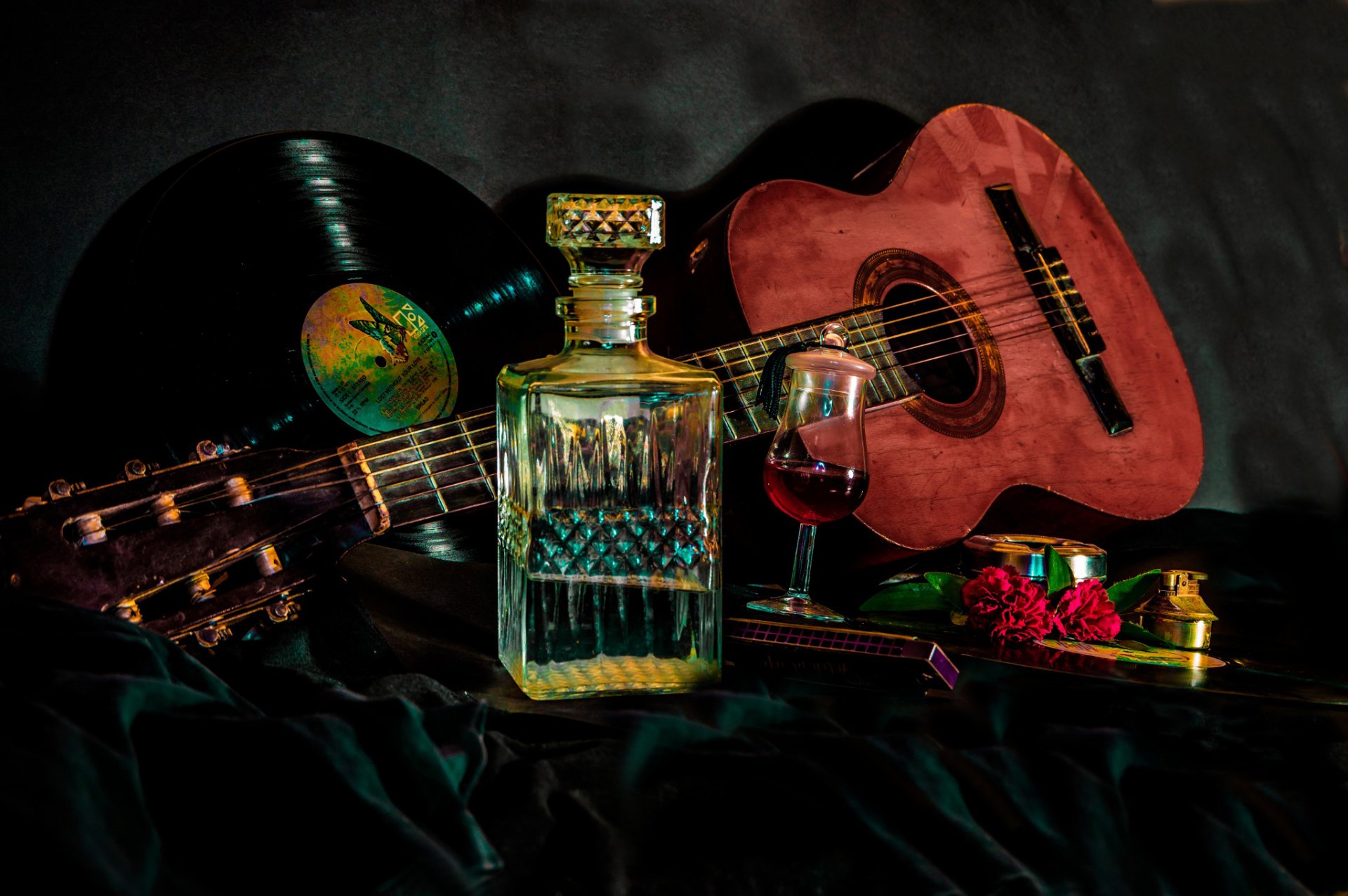 vinyle guitare carafe tequila mexique fleurs art