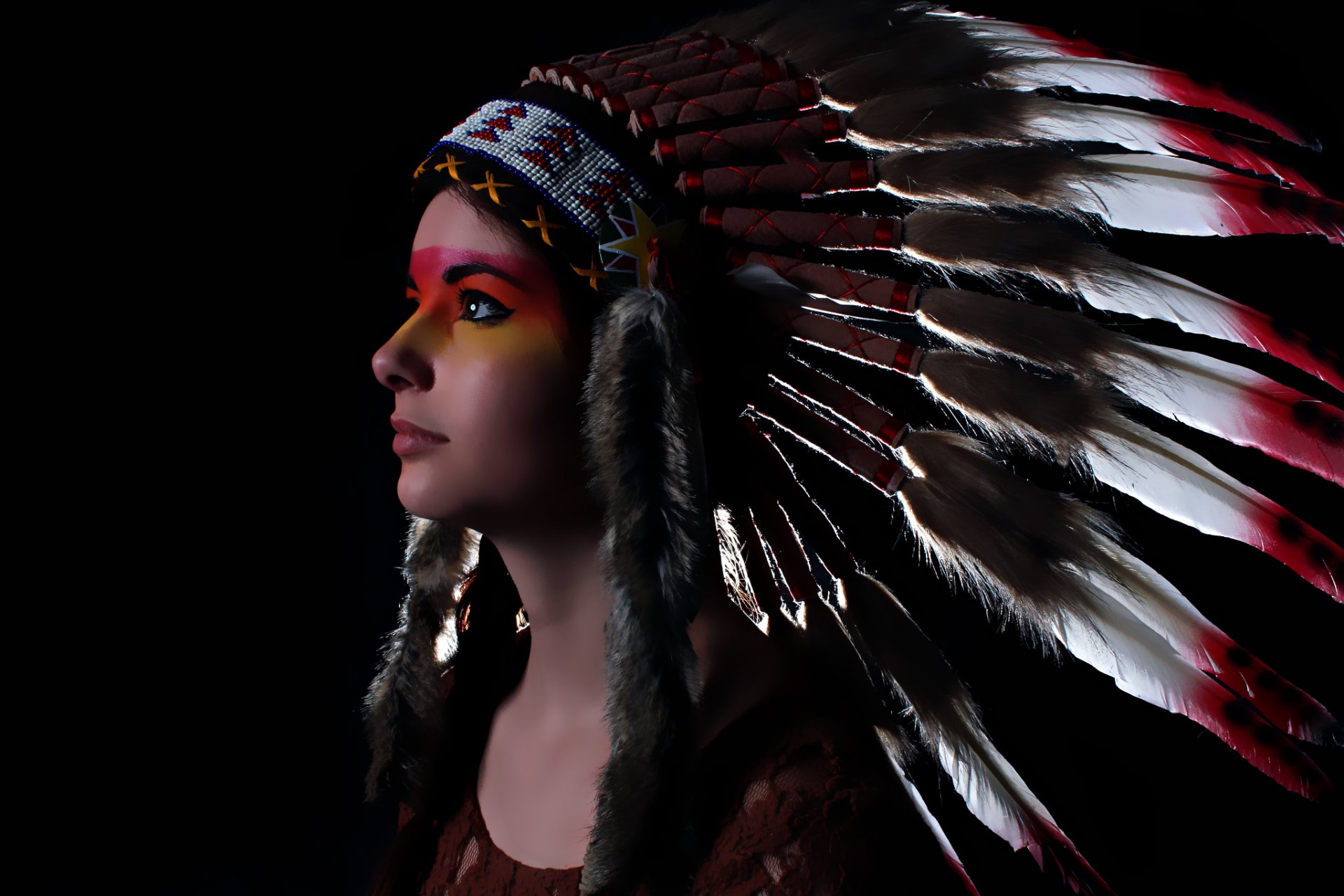 girl face view headwear feathers style