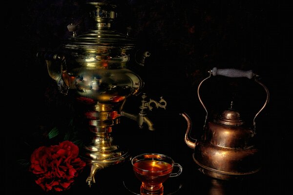 Image still life with teapot, cup and samovar