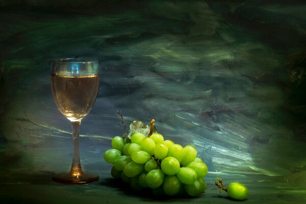 Still life with grapes and a glass of wine