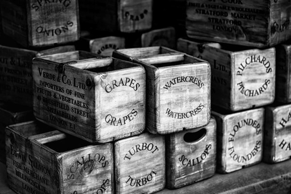 Photo noir et blanc de tar. Boîtes à poissons