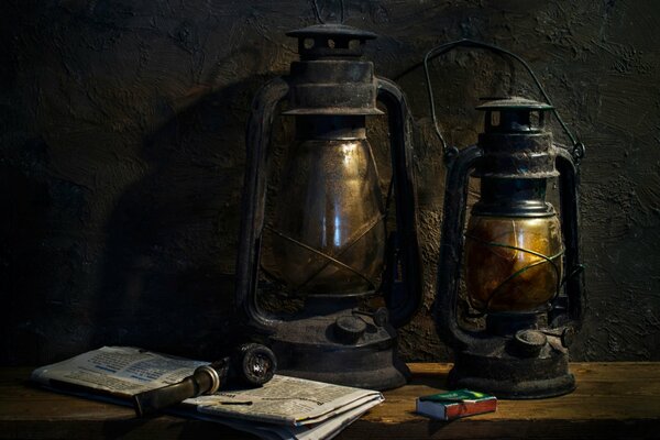 Still life old battered lanterns