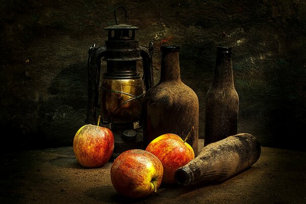 Vintage bottles. Lamp. Pears. Still-life