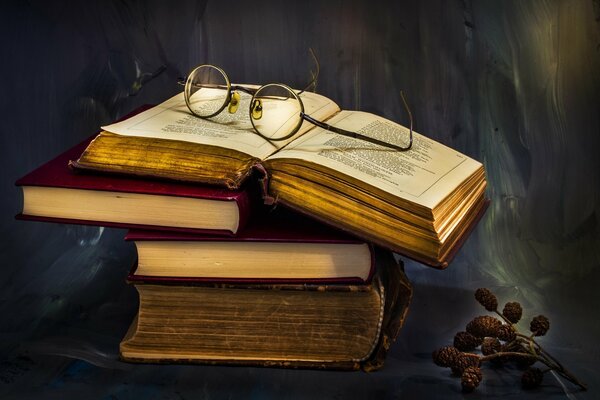 Alder branch next to old books