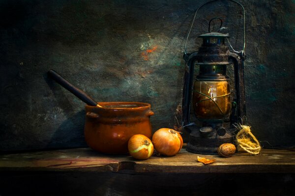 Still life with kerasin lamp and clay pot