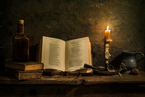 An open book near a burning candle