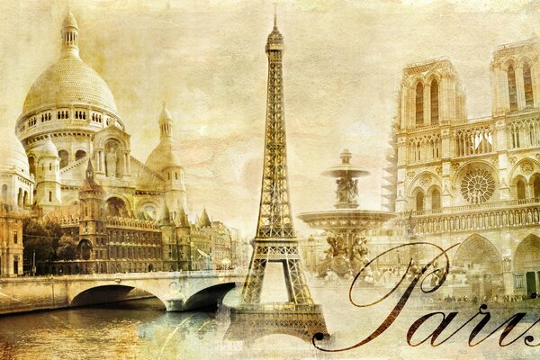 Vintage postcard in the Parisian spirit. All the main attractions of the capital of France