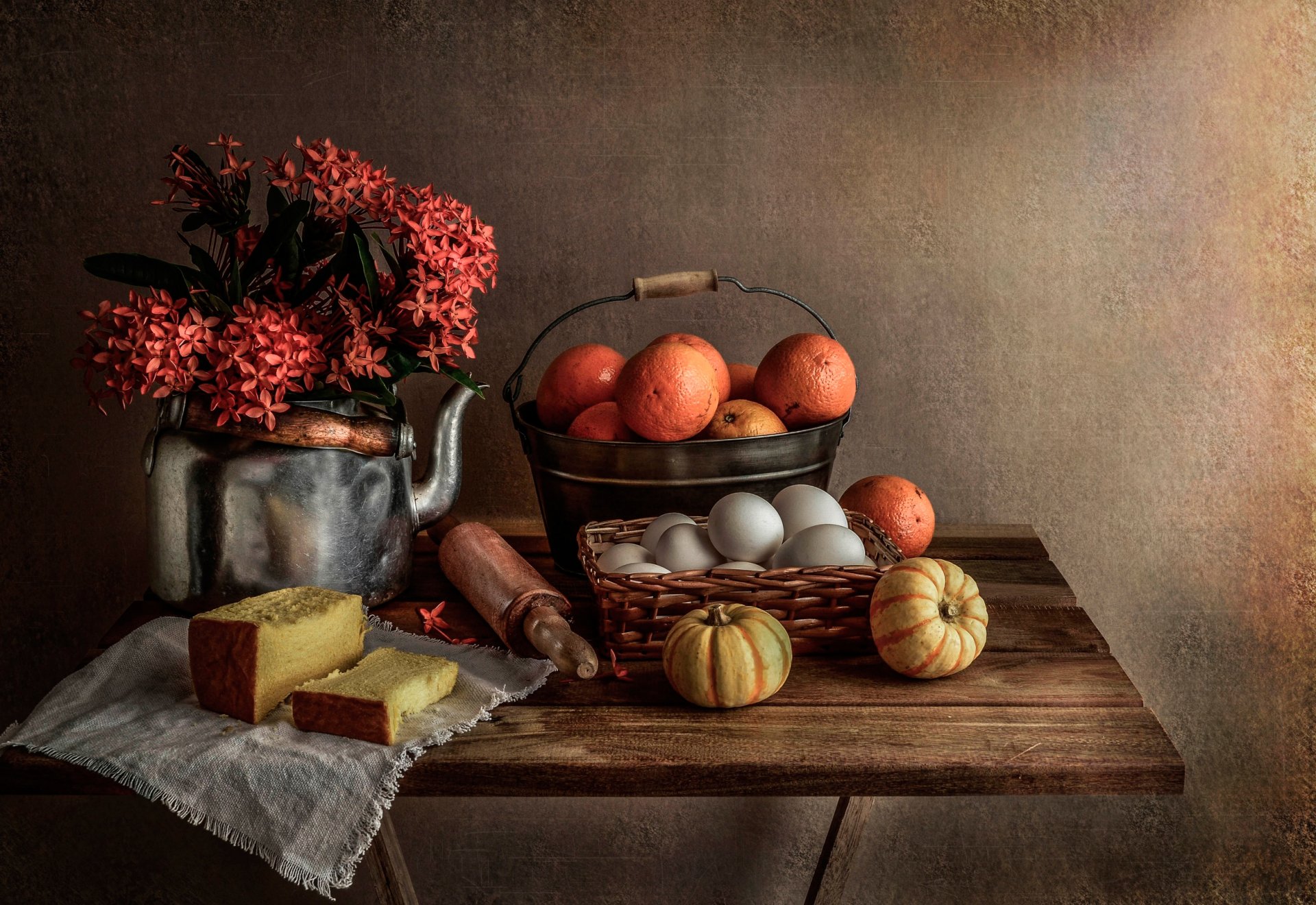 théière bouquet pain oranges oeufs citrouilles nature morte