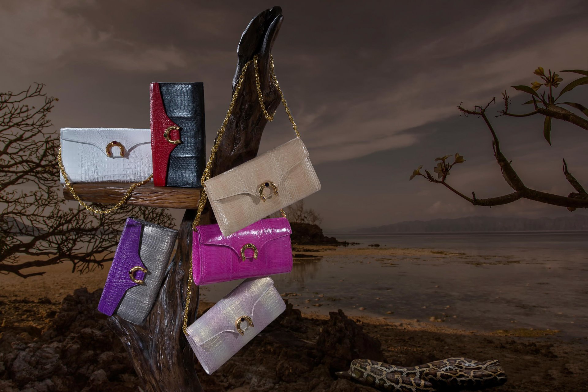 advertising commercial concept crocodile exotic handbags sea skins snake trees daks handbag