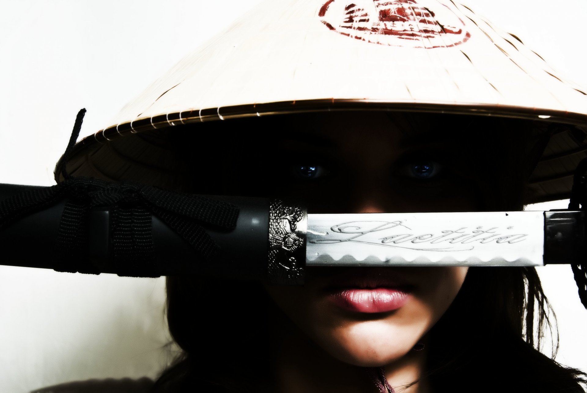 art girl face view headwear weapon katana