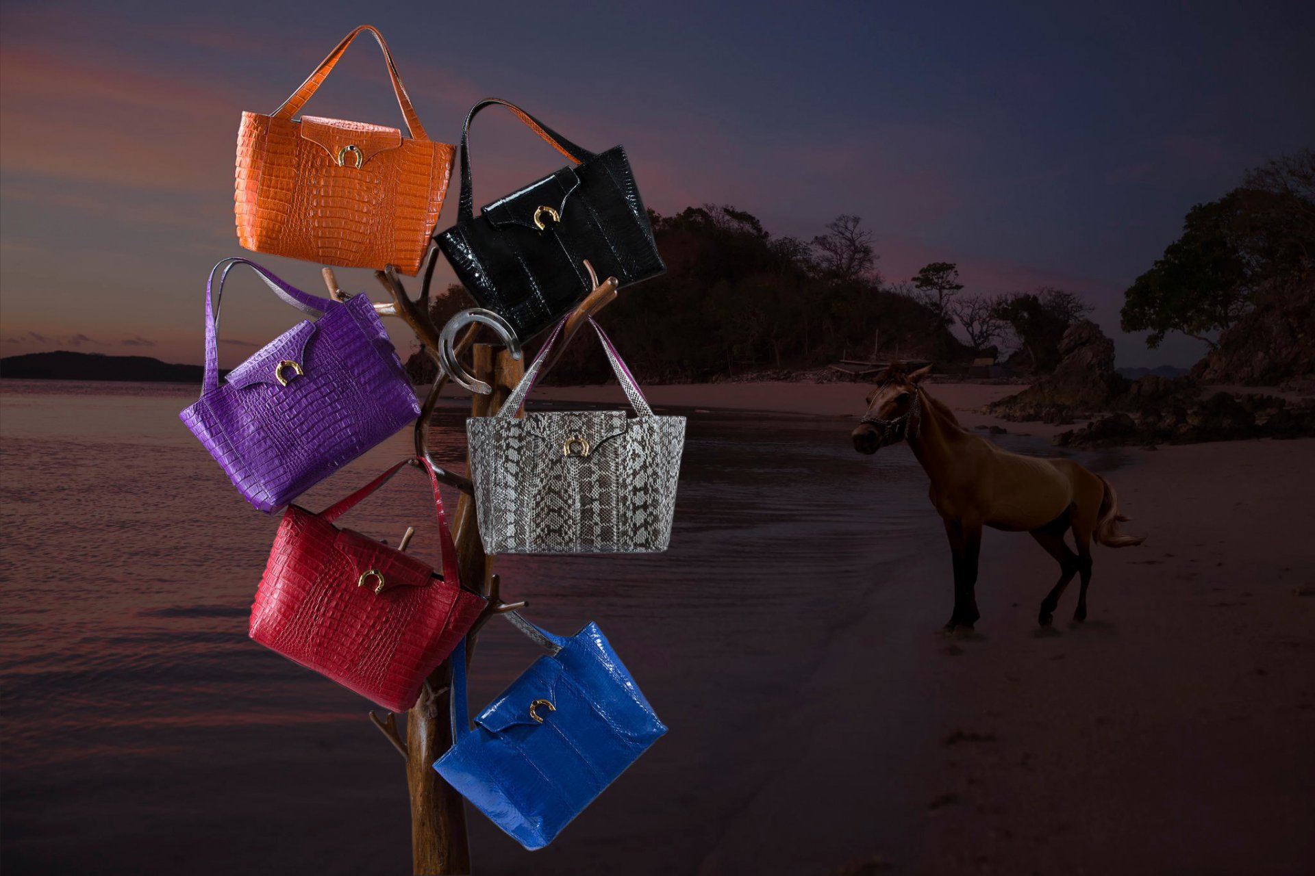 publicidad comercial concepto herradura colección bolsos mar puesta de sol bolsos herraduras