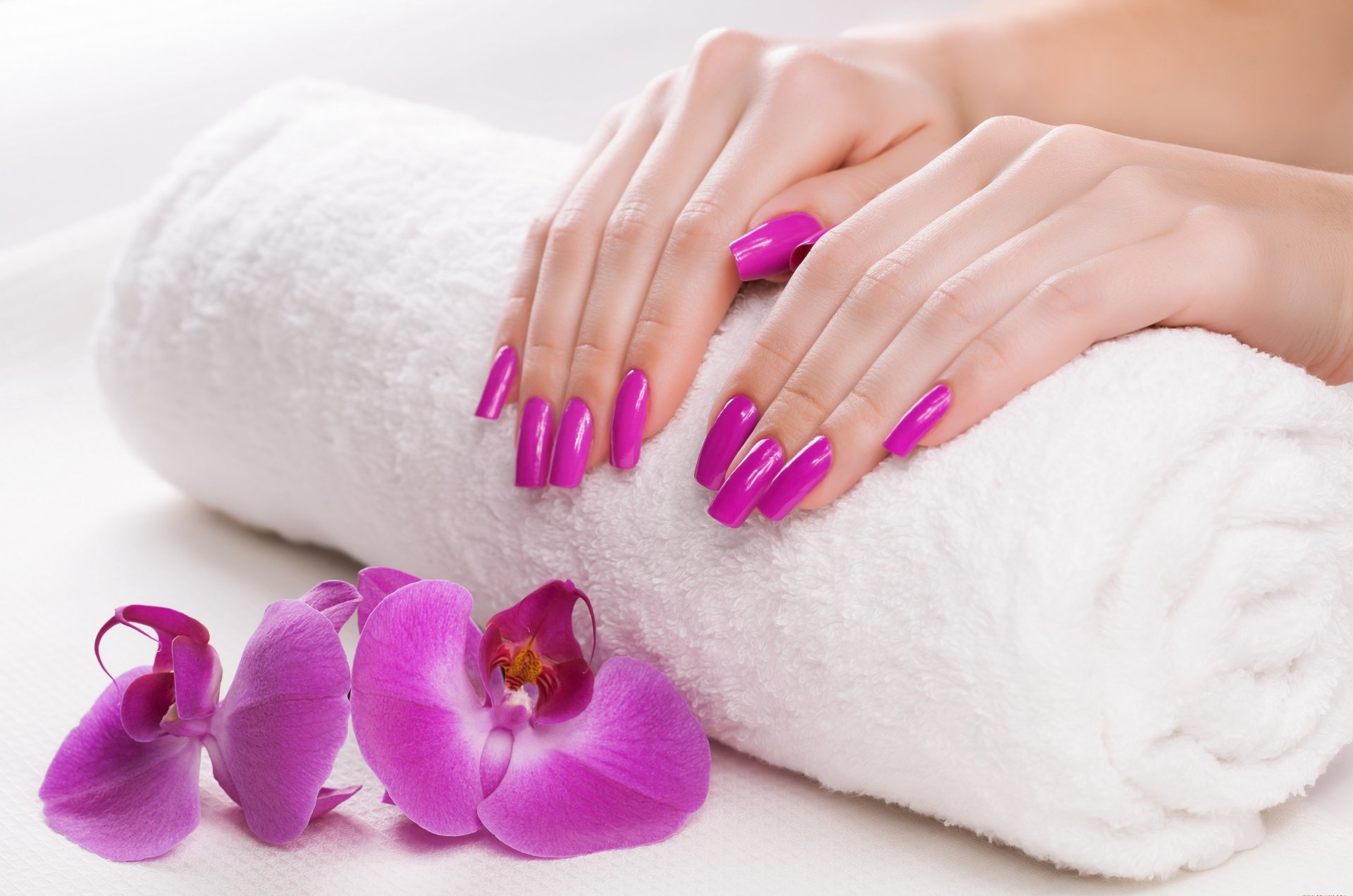 hands towel manicure orchid