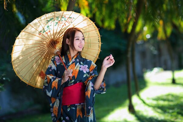 Азиатская девушка с зонтом красивое фото