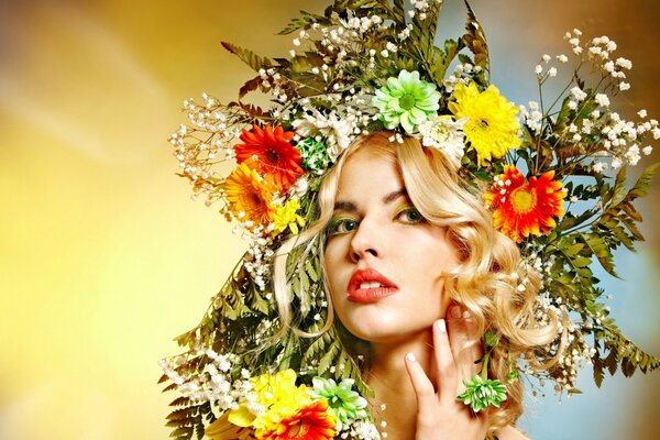 A gorgeous wreath of flowers on the blonde s head