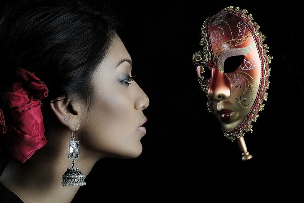 Asian woman with a mask on a black background