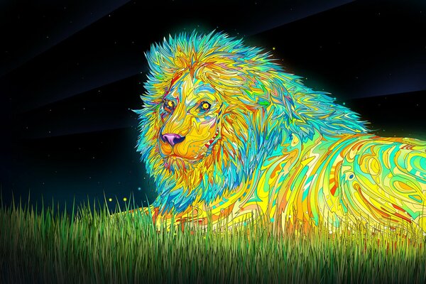 León multicolor en la hierba verde