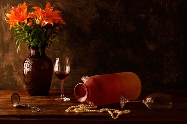 Still life painting of lilies, glass and pearls