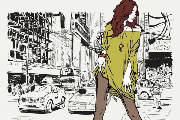 Drawing of a girl in a yellow jacket on the road